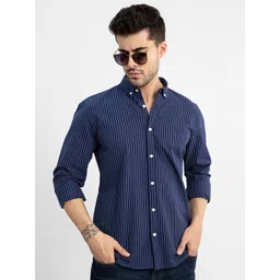 Snitch Navy Blue Bengal Stripes Striped Classic Slim Fit  Cotton Casual Shirt-picture-27