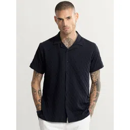 Snitch Navy Blue Classic Boxy Textured Cuban Collar Casual Shirt-picture-15