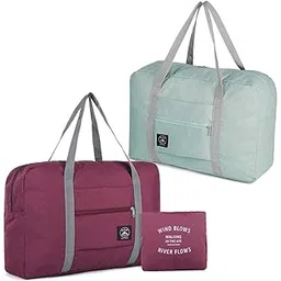 snomel 2 pack Foldable Travel Duffel Bag with Fixed on the Trolley Case, Waterproof Luggage Travel Bag, Lightweight Carry On Bag for Sports, Vacation, Shopping, Gym (wine red, light blue), Light Blue,Wine-picture-34