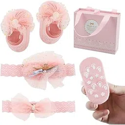 SNOWIE SOFT® Baby Girl Shower Gift Set of 3Pcs Girls Crown Headband Lace Bow Headband Baby Girls Footwear Pink Princess Baby Girl Gift for Newborns Milestone Gift for Baby Girls-picture-19