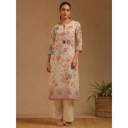 Soch Beige Linen Floral Three-Quarter Sleeves Kurta-picture-37