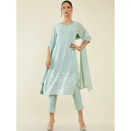 Soch Floral Embroidered Mirror Work Puff Sleeves Kurta with Trousers & Dupatta-picture-23