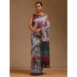Soch Powder Blue Linen Floral Print Saree With Unstitched Blouse-picture-24