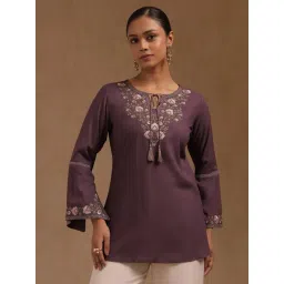 Soch Purple Rayon Embroidered Long Sleeves Tunic-picture-30