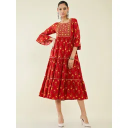 Soch Red Ethnic Motifs Printed Tiered Fit & Flare Midi Ethnic Dress-picture-10