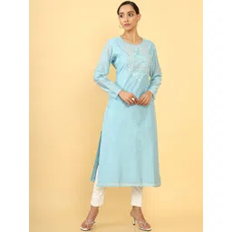 Soch Women Blue & White Yoke Design Thread Work Kurta-picture-32