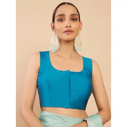 Soch Women Blue Solid Silk Sleeveless Saree Blouse image 5