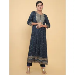 Soch Women Navy Blue & White Ethnic Motifs Printed Thread Work Anarkali Kurta-picture-19