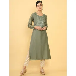 Soch Women Olive Green Geometric Embroidered Mirror Work Kurta-picture-34