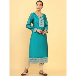 Soch Women Turquoise Blue Floral Chanderi Cotton Embroidered Kurta-picture-12