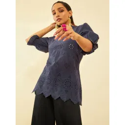 Soch Womens Blue Cotton Floral Schiffli Design Puff Sleeves Tunic-picture-19