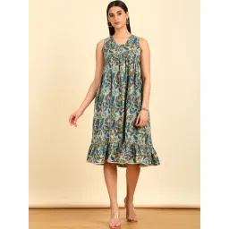 Soch Womens Blue Floral Botanical Print Alia Cut Cotton Ethnic Dress-picture-15