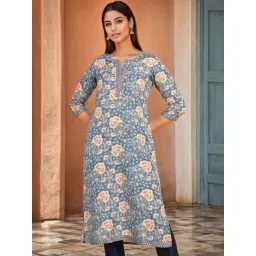 Soch Womens Blue Floral Printed Cotton Blend Kurta With Sequins-picture-43