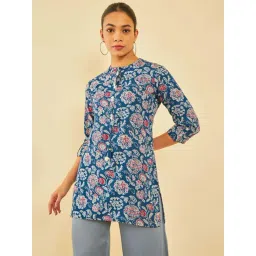 Soch Womens Blue Rayon Floral Printed Tunic With Faux Mirror-picture-18