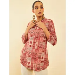 Soch Womens Brown Rayon Ethnic Motif Foil Printed Mandarin Collar Tunic-picture-12