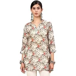 soch Womens Cream Floral Printed Notched Neck Silk Blend A-Line Tunic-picture-16