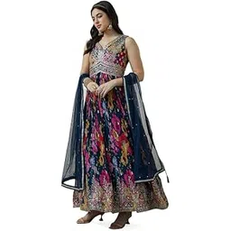 soch Womens Navy Blue Chinon Blend Botanical Print Alia Cut Gown-picture-34