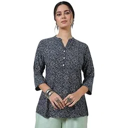 soch Womens Navy Blue Foil Print Rayon Slub Tunic-picture-18