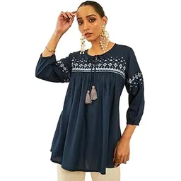 soch Womens Navy Blue Rayon Embroidered Empire Tunic with Tie-ups-picture-15