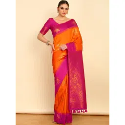 Soch Womens Orange Floral Zari Woven Design Silk Blend Saree With Tassels-picture-38