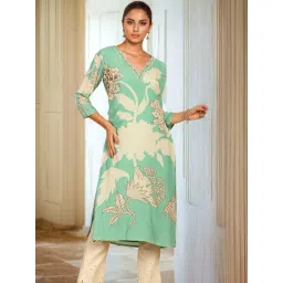 Soch Womens Powder Blue Floral Printed Muslin Straight Kurta With Beads-picture-13