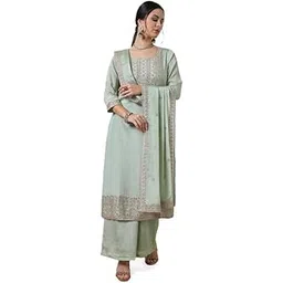 soch Womens Sap Green Thread Embroidered Chinon Blend Suit Set-picture-30