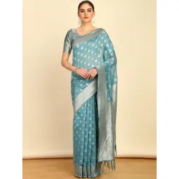Soch Womens Turquoise Blue Tussar Woven Design Saree With Tassels-picture-14