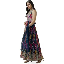 soch Womens Navy Blue Chinon Blend Botanical Print Alia Cut Gown image 2