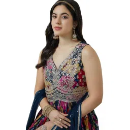 soch Womens Navy Blue Chinon Blend Botanical Print Alia Cut Gown image 4