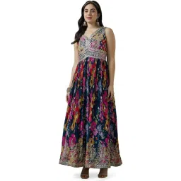 soch Womens Navy Blue Chinon Blend Botanical Print Alia Cut Gown image 5