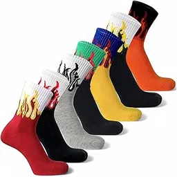 7 Premium Pairs Men & Women Cotton Calf Length Crew Socks Flame Pattern Vibrant Colors, Full Length Comfort Stretchable Free Size Anti Odur Sweat Free Anti Slip-image-5