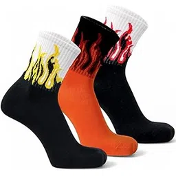 Pure Premium Cotton 3 Pairs, Black and Orange, Fire Pattern Crew Socks, For Men and Women - Stretchable Free Size Anti Odur Sweat Free Anti Slip-image-6