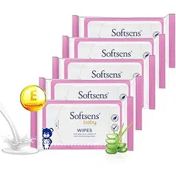 Softsens Baby Gentle Cloth Wipes for Baby Skin Enriched with Aloe Vera & Vitamin E I Dermatologically Tested & Parben Free - 20 Wipes (Pack of 5)-image-0