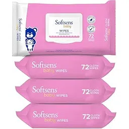 Softsens Baby Gentle Cloth Wipes for Baby Skin Enriched with Aloe Vera & Vitamin E I Dermatologically Tested & Parben Free with Lid - 72 wipes (Pack of 4)-image-2