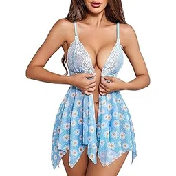 softwrap Mini Women's Lace Lingerie Front Closure Babydoll V Neck Nightwear Sexy Chemise Nightie (Free Size, Blue)-picture-11