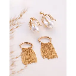 SOHI Set Of 2 Gold-Plated Pearls Studded Contemporary Chain Bud Drop Drop Earrings-picture-26