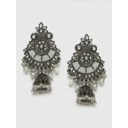 Sohi White Silver-Toned Oxidised Kundan Jhumki Earrings-picture-45