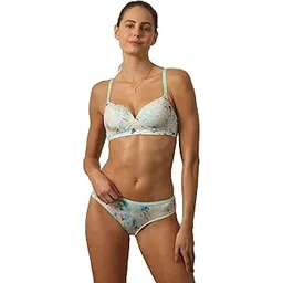 soie Women's Medium Coverage Padded Non Wired Printed Bra with Mid Rise Full Coverage Printed Lacy Panty Set-picture-12