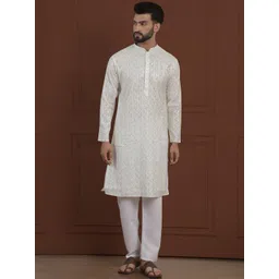 SOJANYA LUXE Ethnic Motifs Embroidered Mandarin Collar Straight Cotton Silk Kurta & Pyjama-picture-17