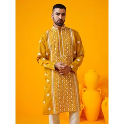 SOJANYA LUXE Men Ethnic Motifs Embroidered Regular Thread Work Kurta with Trousers-picture-14