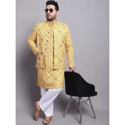 SOJANYA PLUS Floral Printed Regular Cotton Linen Kurta With Pyjamas & Nehru Jacket-image-47