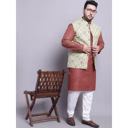 SOJANYA PLUS Floral Printed Regular Cotton Linen Kurta With Pyjamas & Nehru Jacket-image-46