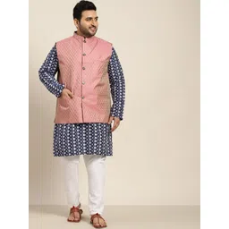 SOJANYA PLUS Men Navy Blue Embroidered Kurta with Churidar Comes with a Nehru Jacket-picture-37