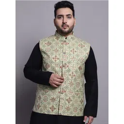 SOJANYA PLUS Plus Size Printed Cotton Linen Nehru Jacket-image-15