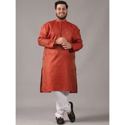 SOJANYA PLUS Size Ethnic Motifs Woven Design Band Collar Jacquard Silk Straight Kurta-picture-24