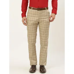 Sojanya Beige Cotton Regular Slim Fit Checks Flat Front Trousers-picture-16