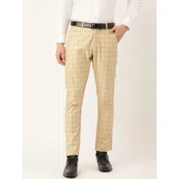 Sojanya Beige Cotton Regular Slim Fit Checks Flat Front Trousers-picture-38