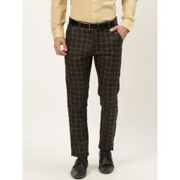 Sojanya Black Cotton Regular Slim Fit Checks Flat Front Trousers-picture-31