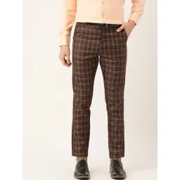 Sojanya Brown Cotton Regular Slim Fit Checks Flat Front Trousers-picture-42