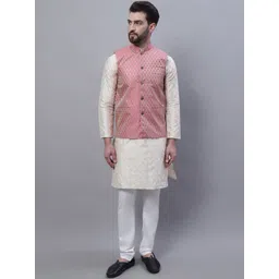 SOJANYA Embroidered Mandarin Collar Kurta with Pyjamas & Nahru Jacket-picture-25